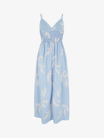 Robe longue empire à broderies feuilles stylisées - Bleu ciel - 2