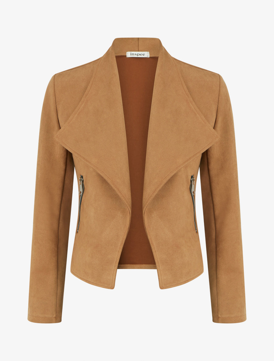 Jacke aus Wildlederimitat mit dekorativen Reißverschlusstaschen - Kamel