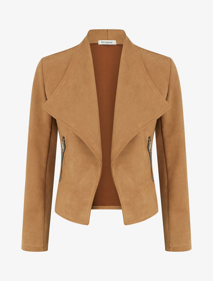 Jacke aus Wildlederimitat mit dekorativen Reißverschlusstaschen - Kamel