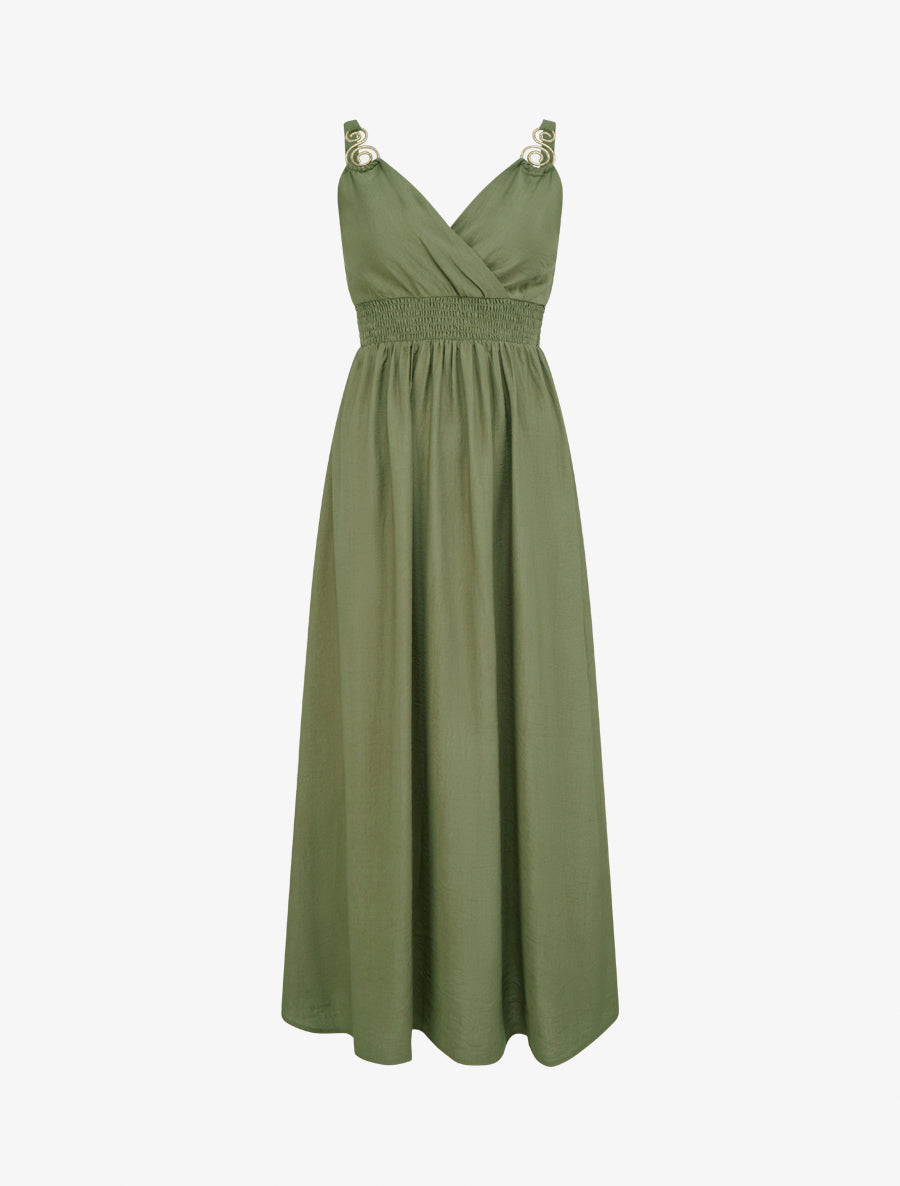 Robe longue à bretelles bijoux - Kaki - 1