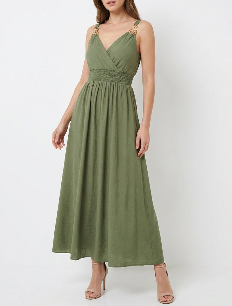 Langes Kleid mit Schmuckträgern - Kaki