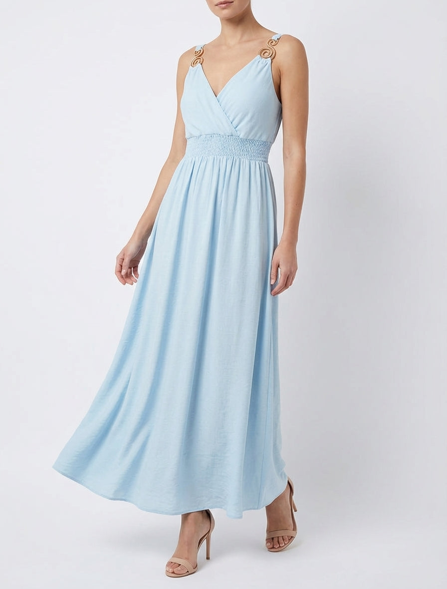 Langes Kleid mit Schmuckträgern - Himmelblau