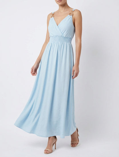 Langes Kleid mit Schmuckträgern - Himmelblau
