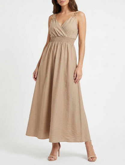 Langes Kleid mit Schmuckträgern - Beige