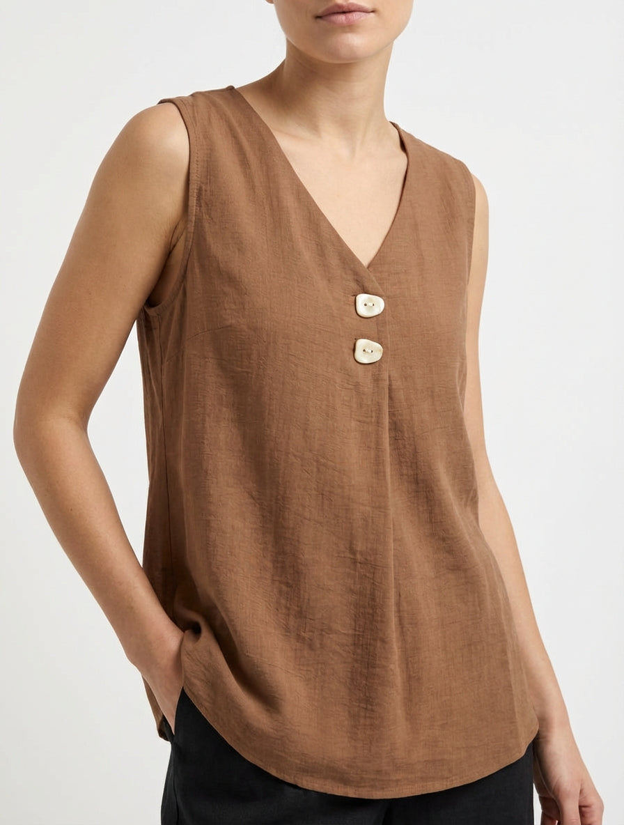 Ärmelloses Top mit V-Ausschnitt und Knopfleiste - Braun