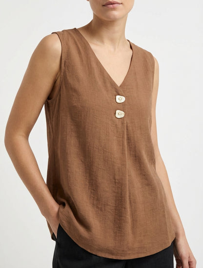 Ärmelloses Top mit V-Ausschnitt und Knopfleiste - Braun