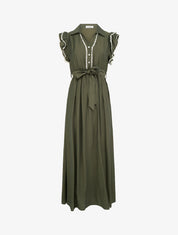 Robe longue à mancherons volantés en crochet - Kaki - 1