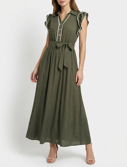Langes Kleid mit Flügelärmeln aus Häkelspitze - Kaki
