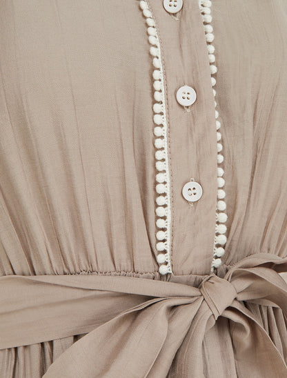 Robe longue à mancherons volantés en crochet - Taupe - 3