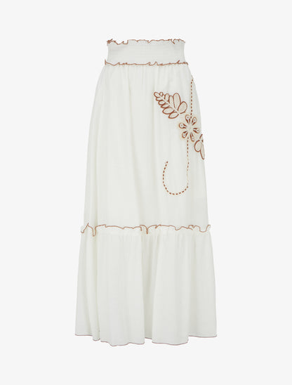 Jupe longue évasée à motif floral brodé - Blanc - 1