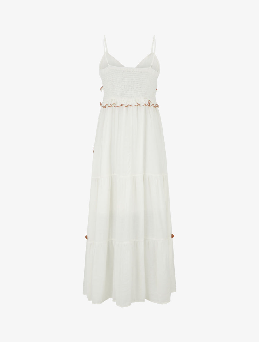 Robe longue à fines bretelles et broderie florale - Blanc - 2