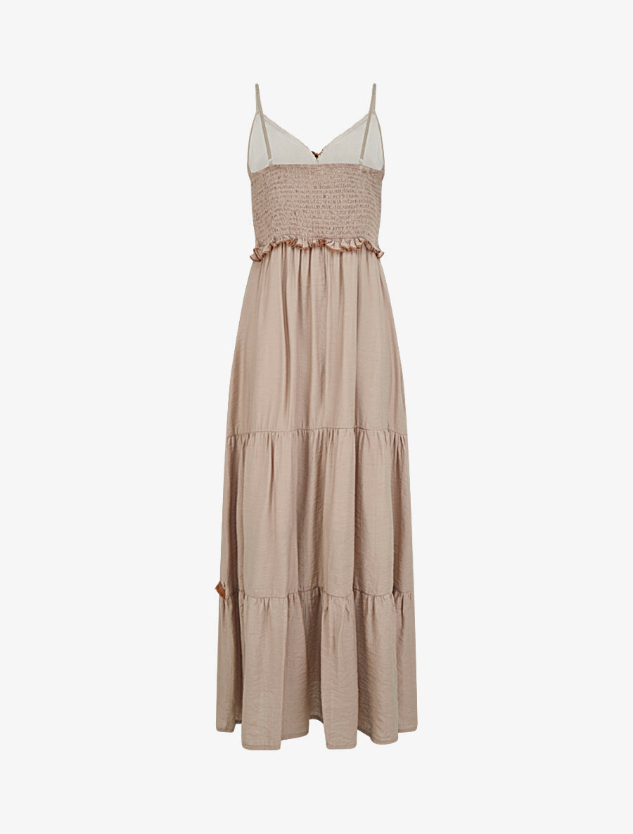 Robe longue à fines bretelles et broderie florale - Taupe - 2