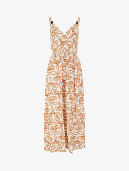 Robe longue à bretelles perlées et imprimé graphique - Camel - 1