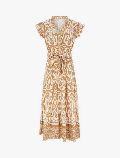 Robe longue graphique coupe évasée - Camel - 1