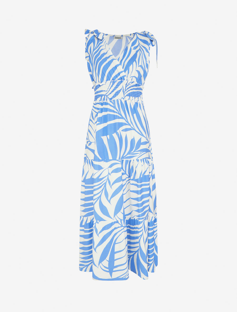 Robe imprimé feuillages à bretelles à noeud - Bleu ciel - 1