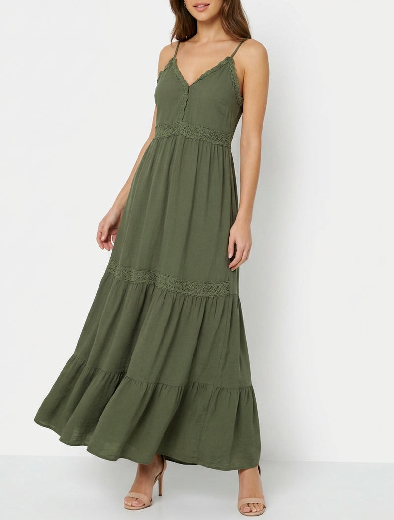 Elastisches Kleid mit Häkeleinsätzen - Kaki