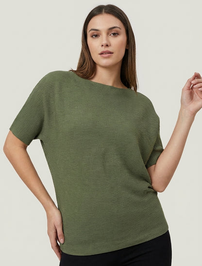 Texturiertes Oberteil mit kurzen Ärmeln - Kaki