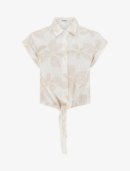 Chemise à nouer à broderies fleuries - Écru - 1