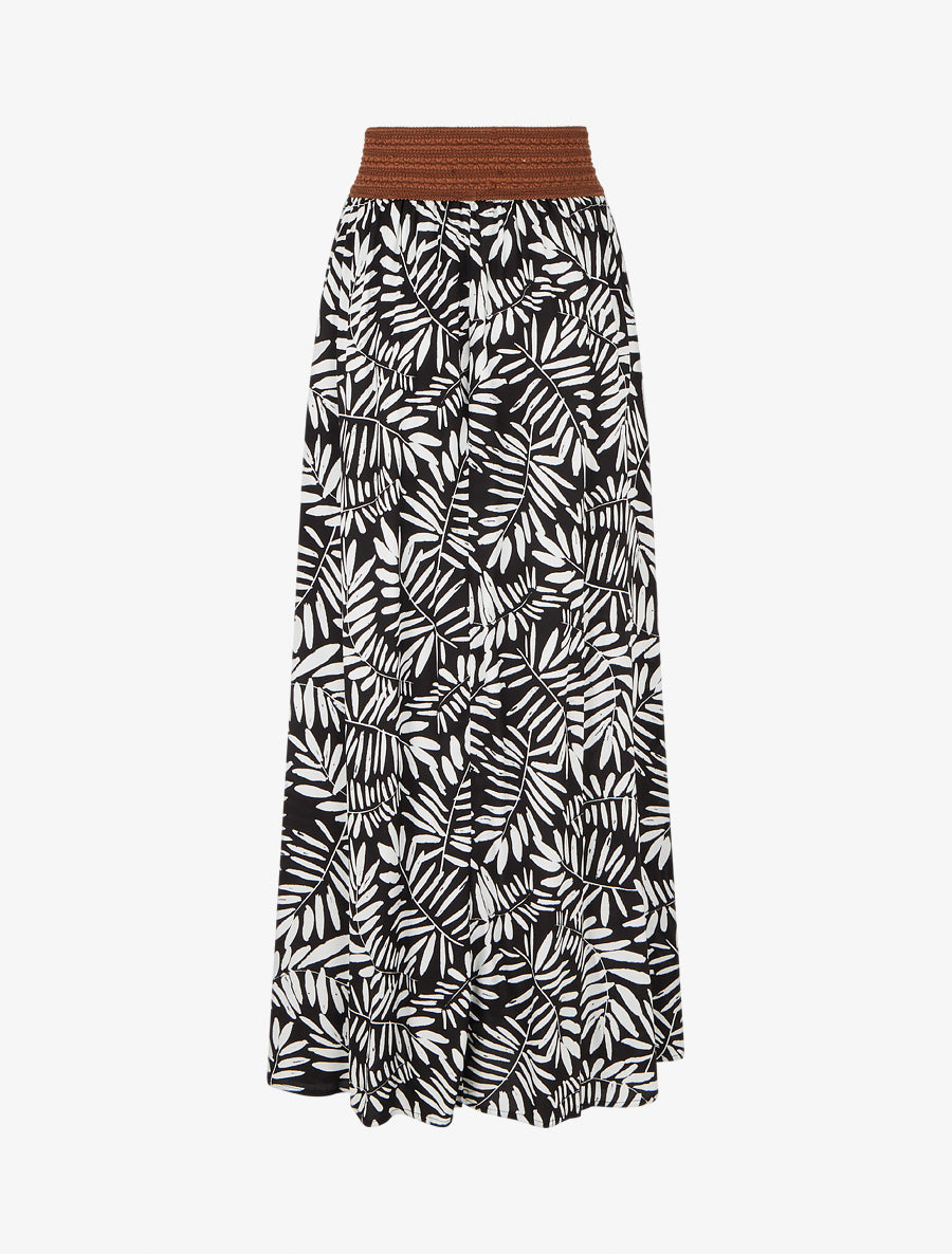 Jupe longue imprimé feuillages à taille élastiquée - Noir - 2