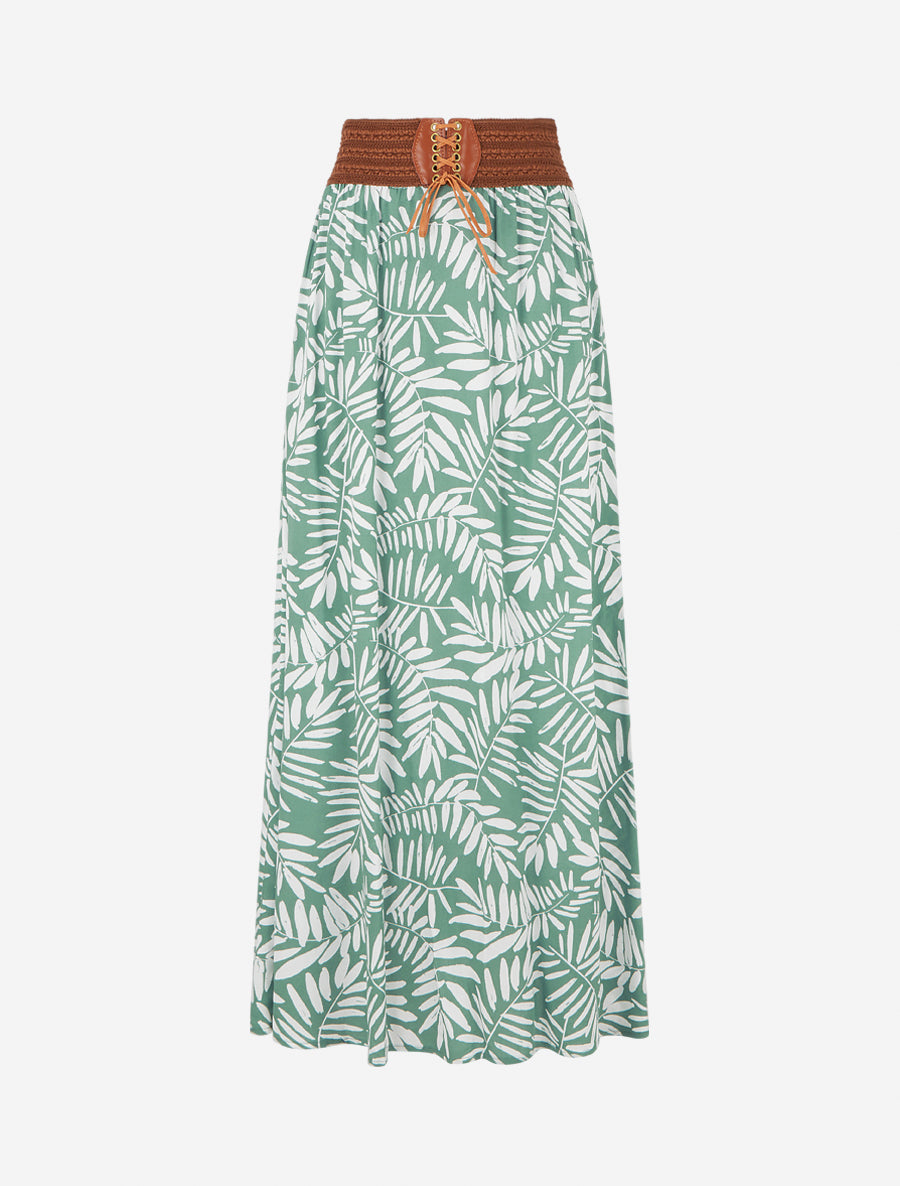 Jupe longue imprimé feuillages à taille élastiquée - Vert d&