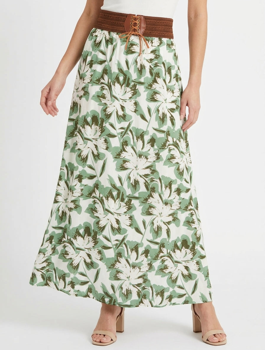 Langer Rock mit elastischem Bund und Blumenmuster - Grün