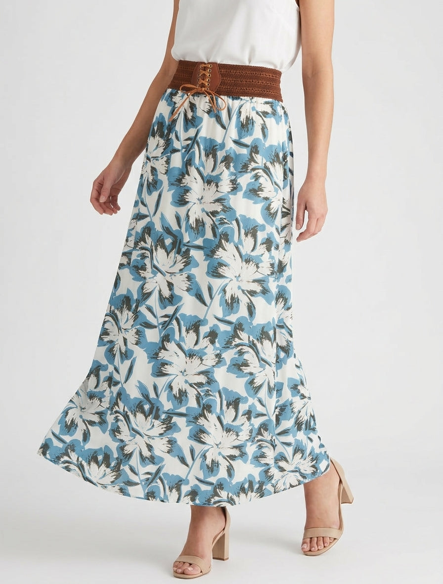 Langer Rock mit elastischem Bund und Blumenmuster - Hellblau