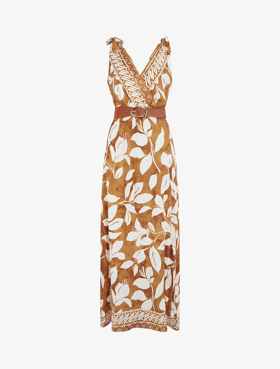 Robe imprimé fleurs tropicales à bretelles à nouer - Camel - 1