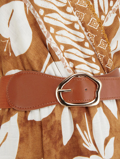 Robe imprimé fleurs tropicales à bretelles à nouer - Camel - 3