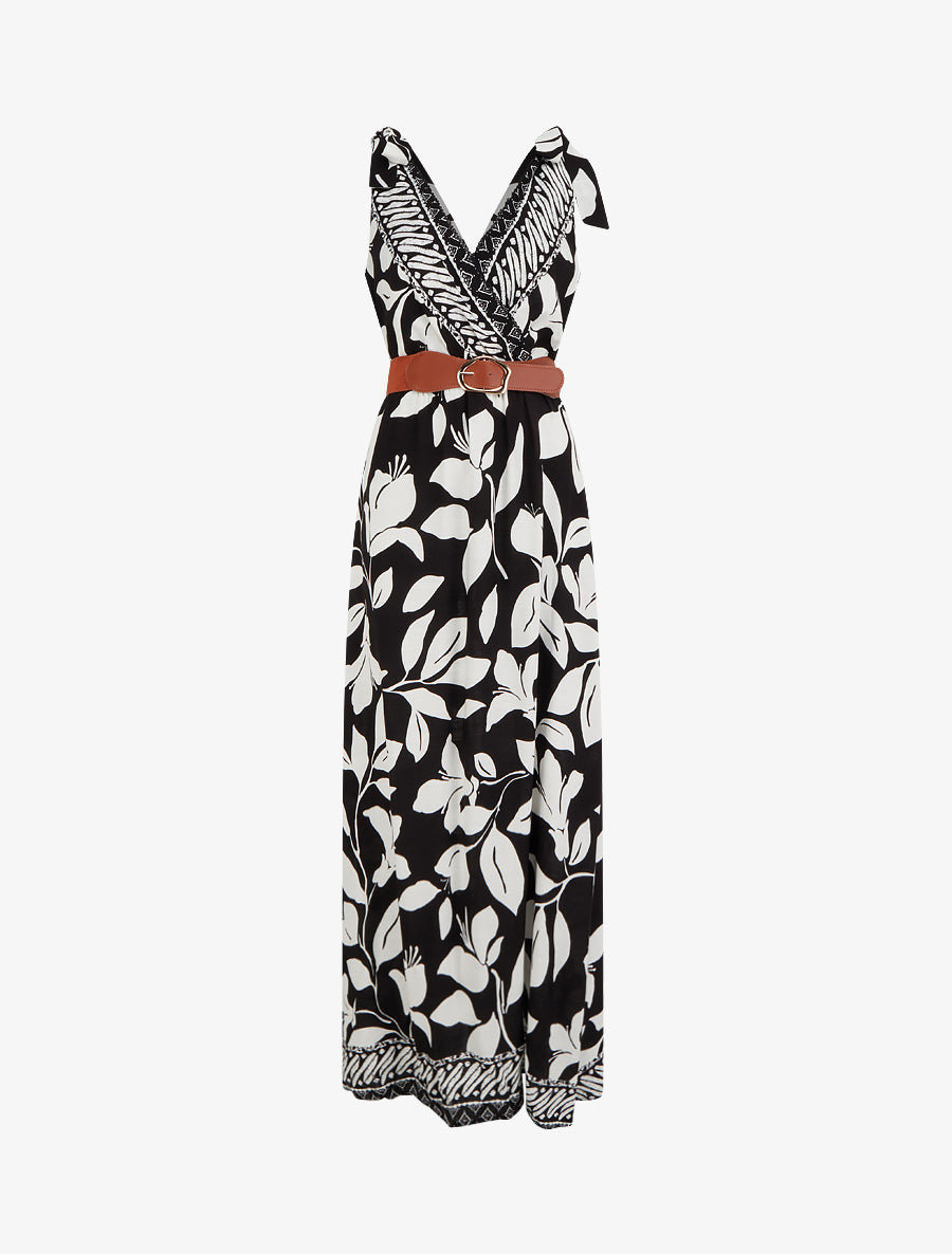Robe imprimé fleurs tropicales à bretelles à nouer - Noir - 1