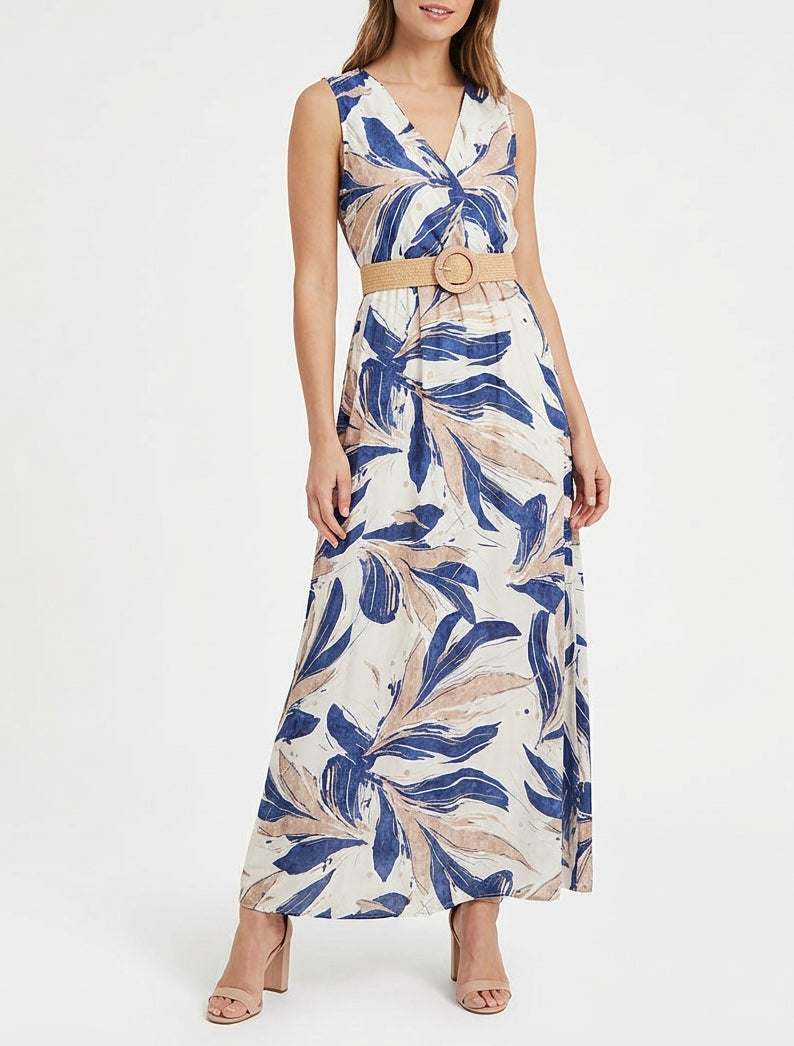 Ärmelloses, ausgestelltes langes Kleid mit fantasievollem Druck - Blau