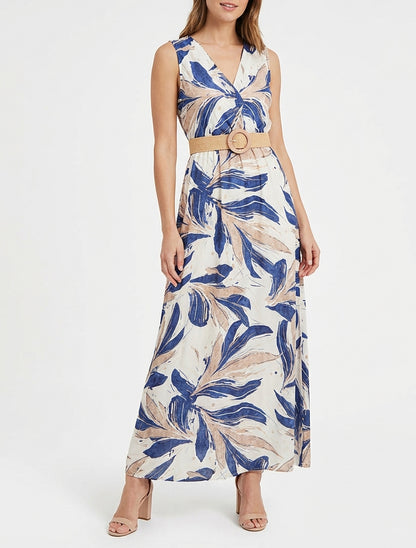 Ärmelloses, ausgestelltes langes Kleid mit fantasievollem Druck - Blau