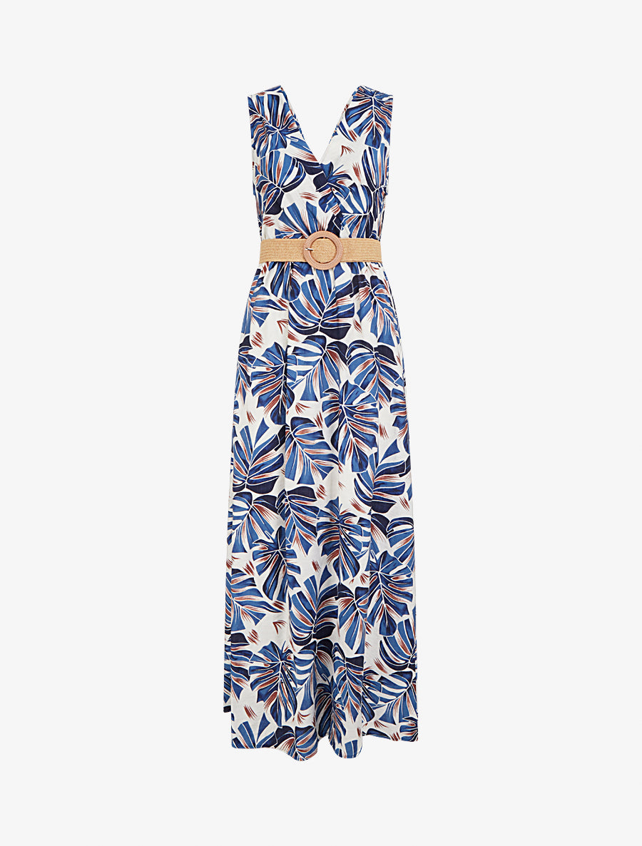 Robe longue évasée sans manches imprimé tropical - Bleu - 1