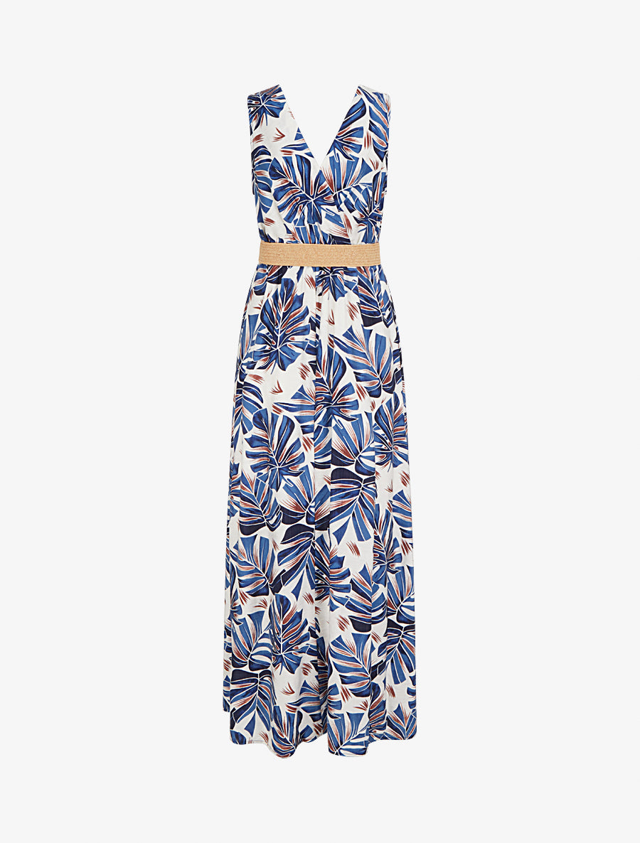 Robe longue évasée sans manches imprimé tropical - Bleu - 2