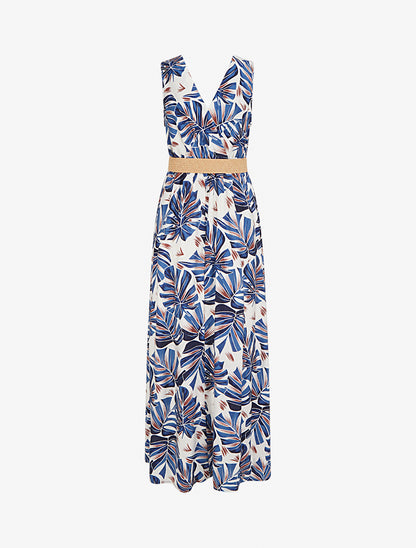 Robe longue évasée sans manches imprimé tropical - Bleu - 2