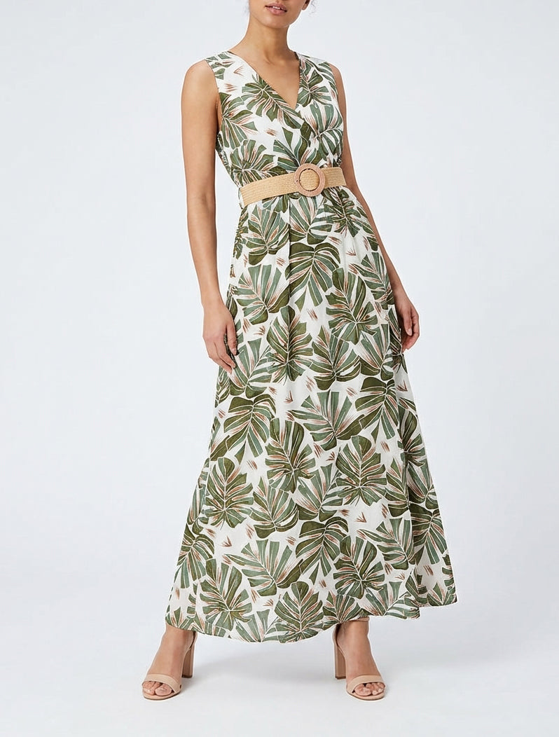 Ärmelloses, ausgestelltes Maxikleid mit tropischem Druck - Kaki