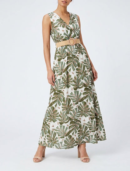Ärmelloses, ausgestelltes Maxikleid mit tropischem Druck - Kaki