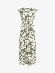 Robe longue imprimé fleurs tropicales à manches courtes - Kaki - 1