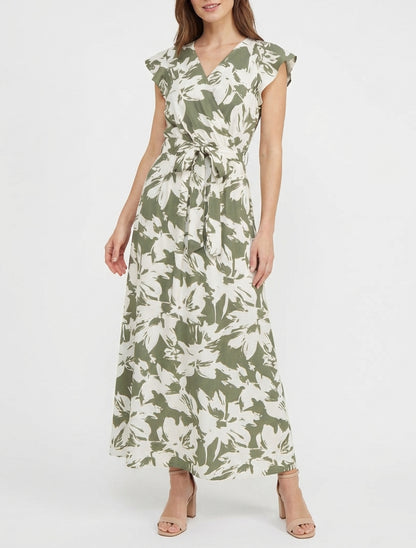 Langes Kleid mit tropischem Blumenmuster und kurzen Ärmeln - Kaki
