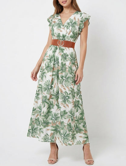 Langes Kleid mit Blumenmuster und kurzen Ärmeln - Grün