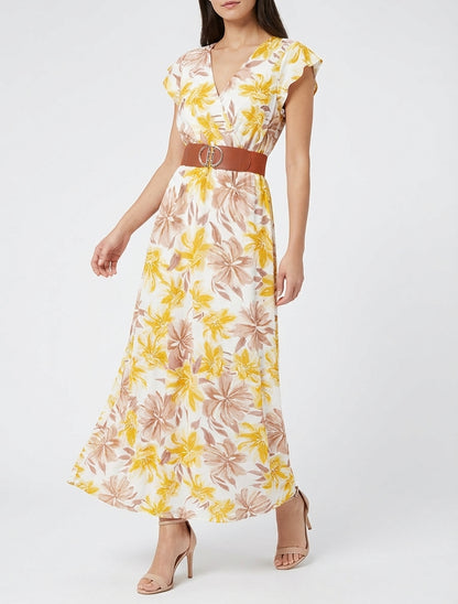 Langes Kleid mit Blumenmuster und kurzen Ärmeln - Gelb