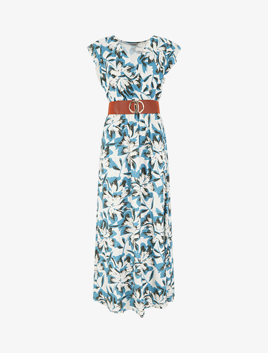 Robe longue fleurie à mancherons volantés - Bleu - 1