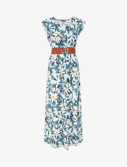 Robe longue fleurie à mancherons volantés - Bleu - 1