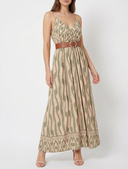 Kleid mit elastischer Taille und Fantasiemuster - Kaki
