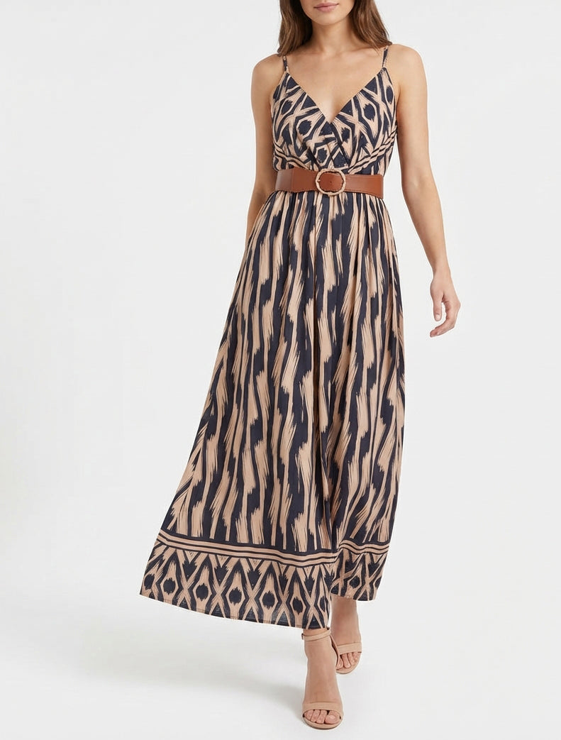 Kleid mit elastischer Taille und Fantasiemuster - Marine