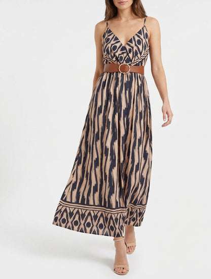 Kleid mit elastischer Taille und Fantasiemuster - Marine