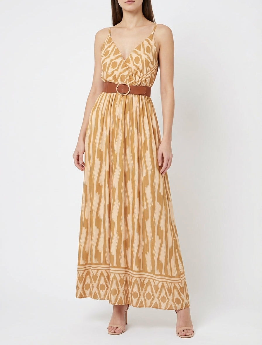 Kleid mit elastischer Taille und Fantasiemuster - Senfgelb