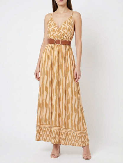 Kleid mit elastischer Taille und Fantasiemuster - Senfgelb