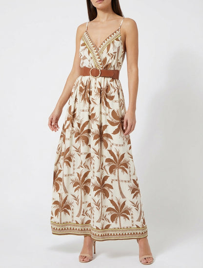 Langes Kleid mit Palmenmuster - Braun