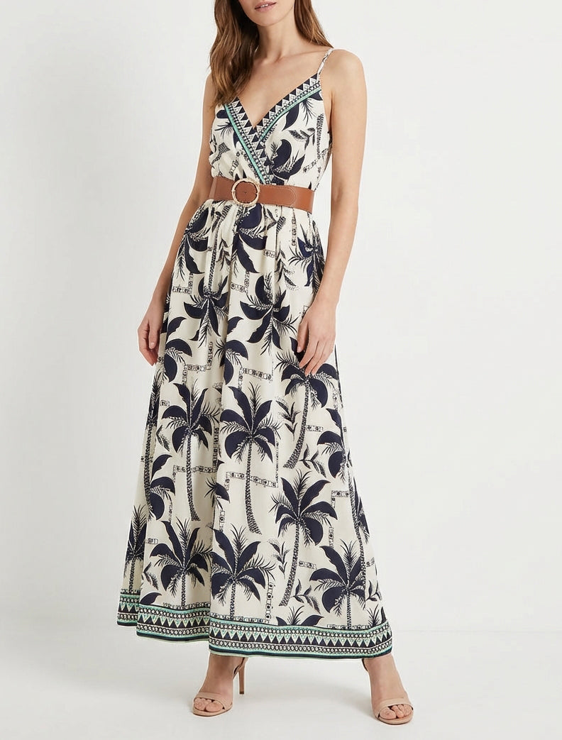 Langes Kleid mit Palmenmuster - Marine