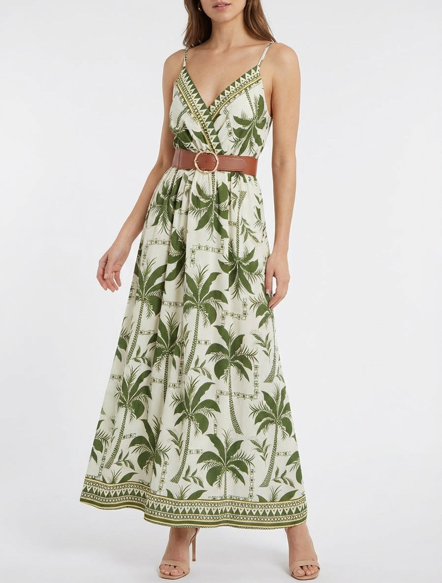 Langes Kleid mit Palmenmuster - Kaki
